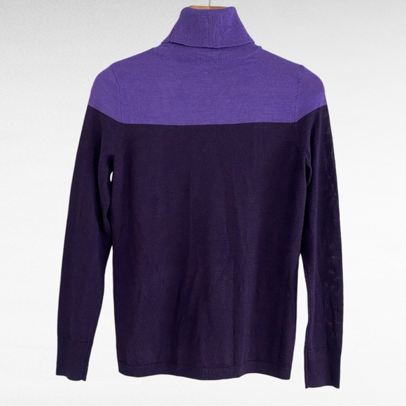 Talbots | Petites Pure Merino Wool Purple Contrast Preppy Turtleneck Sweater - Picture 4 of 6